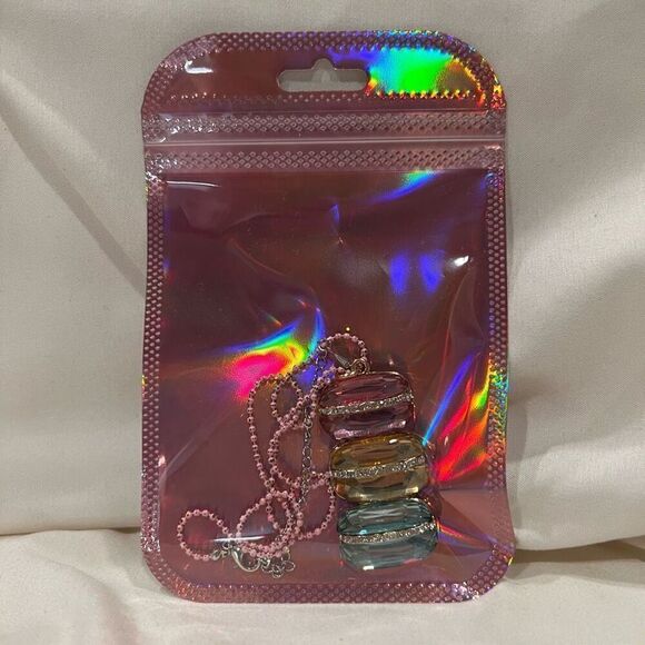 Macaroon Cascading Triple Layered, Rose, Sunrise, Aqua Crystal Necklace NEW - Picture 7 of 7